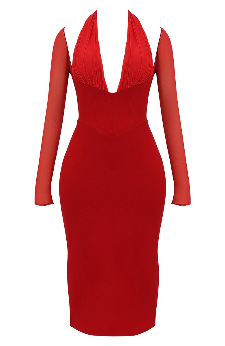 HOUSE OF CB Yasmin Long Sleeve Body-Con Midi Cocktail Dress, Alternate, color, True Red