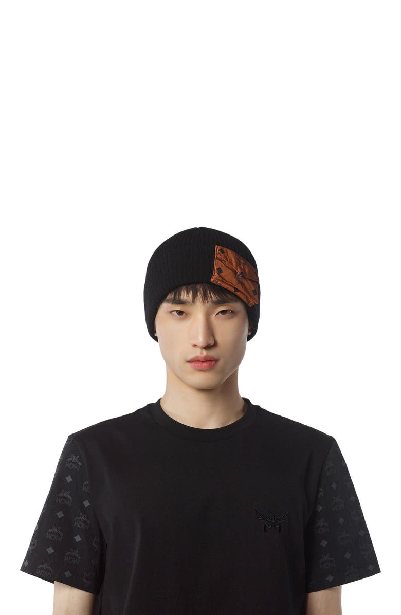 MCM Wool Beanie w/ Monogram Print ECONYL<sup>®</sup> Pocket, Alternate, color, 