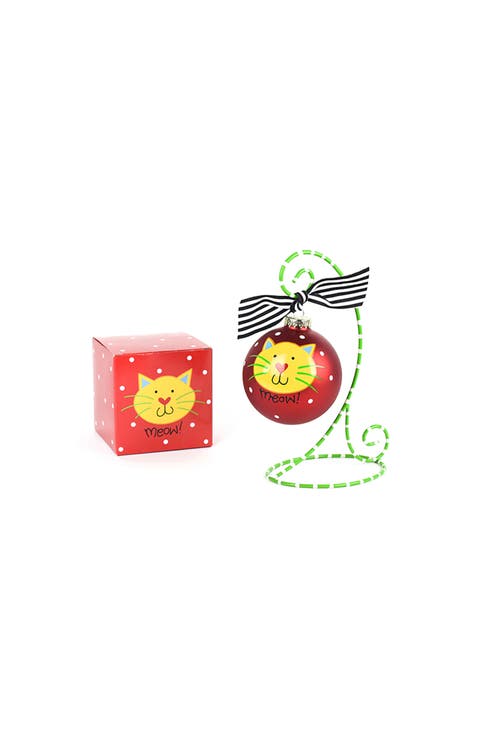 Meow Red Cat Glass Ornament with Stand