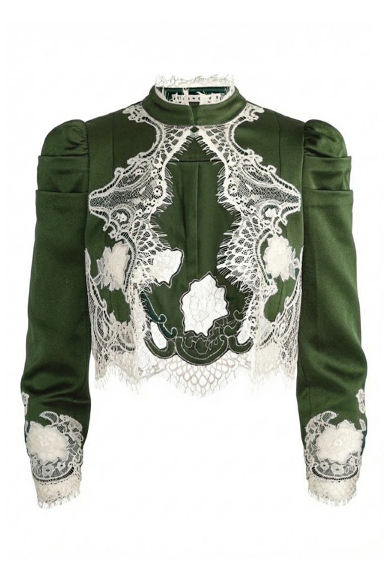 Thomsna Puff Sleeve Lace Trim Cropped Jacket, Alternate, color, DARK FERN