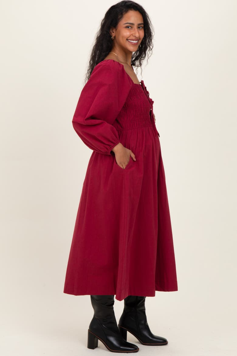 Bow Detail Smocked Midi Dress, Alternate, color, Burgundy