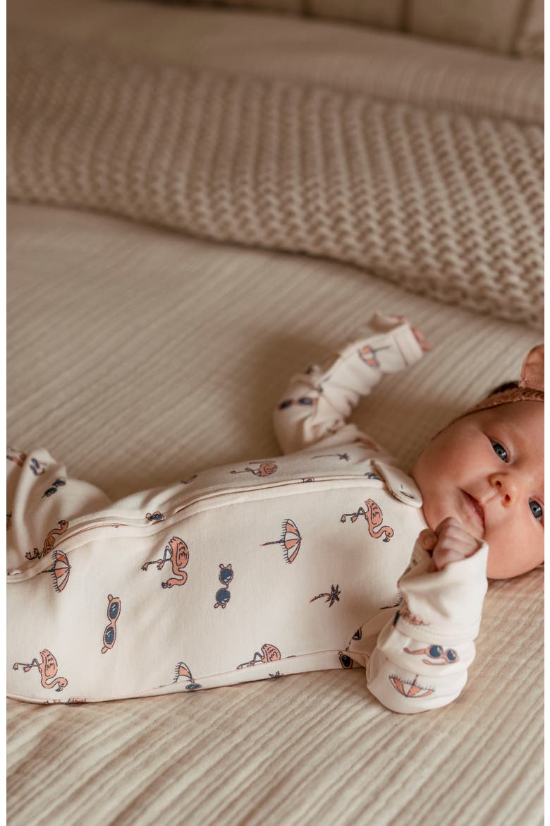 Print Organic Cotton Zip Footie, Alternate, color, FLAMINGO