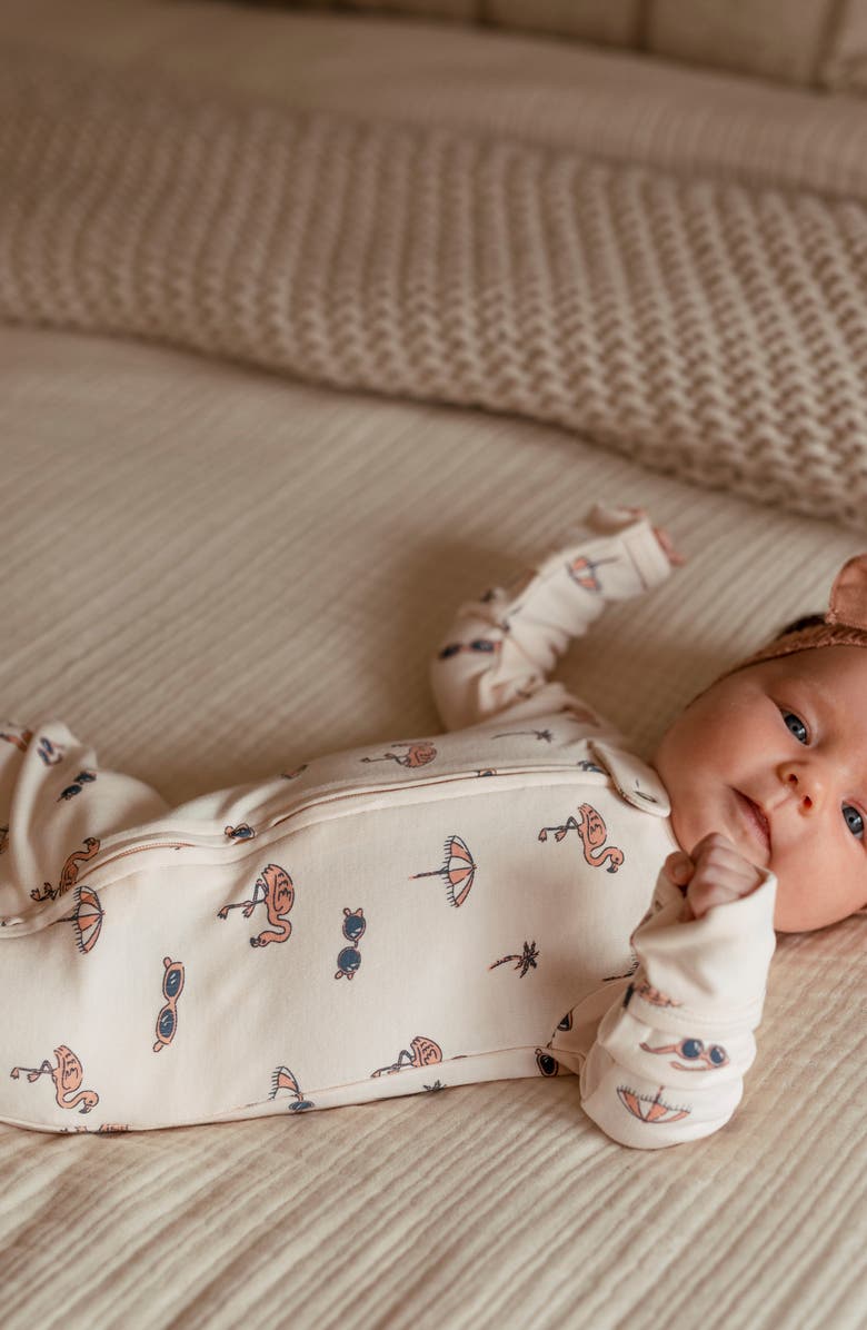 L'ovedbaby Print Organic Cotton Zip Footie, Alternate, color, Flamingo