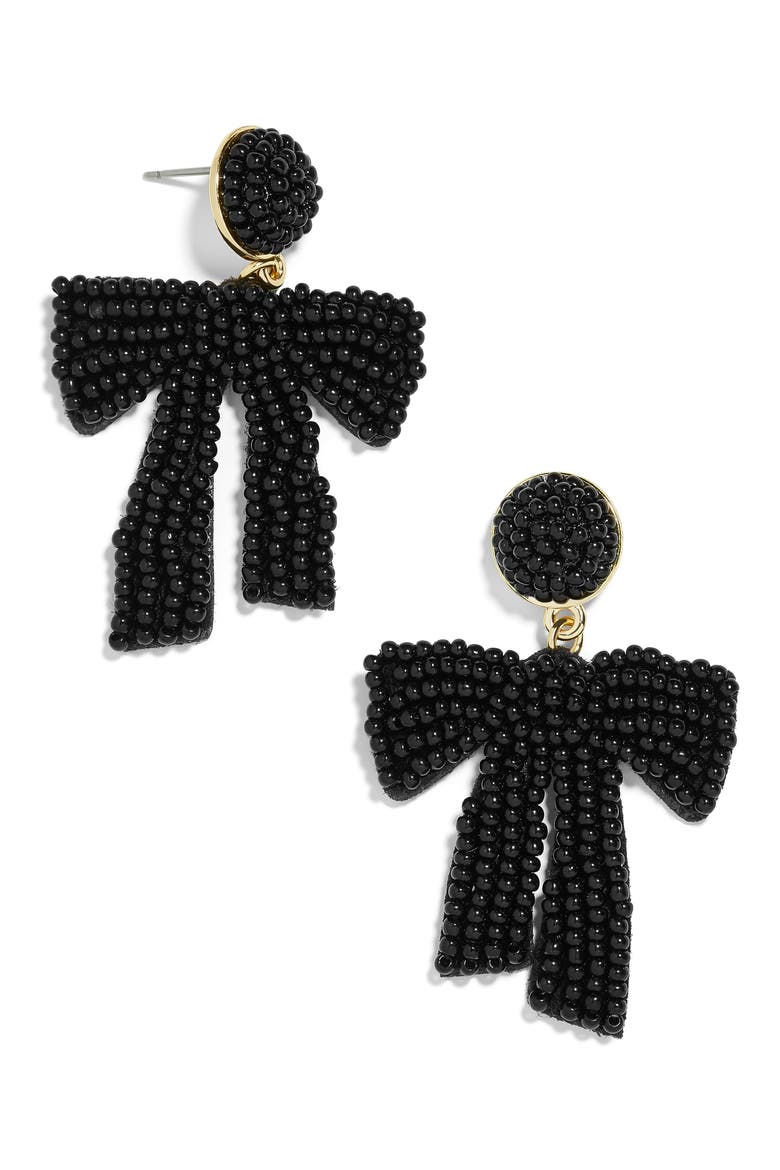 Sachi Bow Drop Earrings, Main, color, BLACK