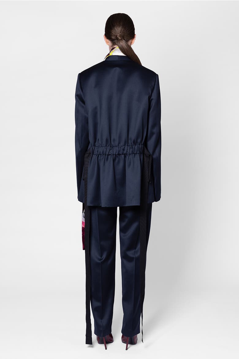 Selma Gathered Back Satin Suit Jacket, Alternate, color, Navy