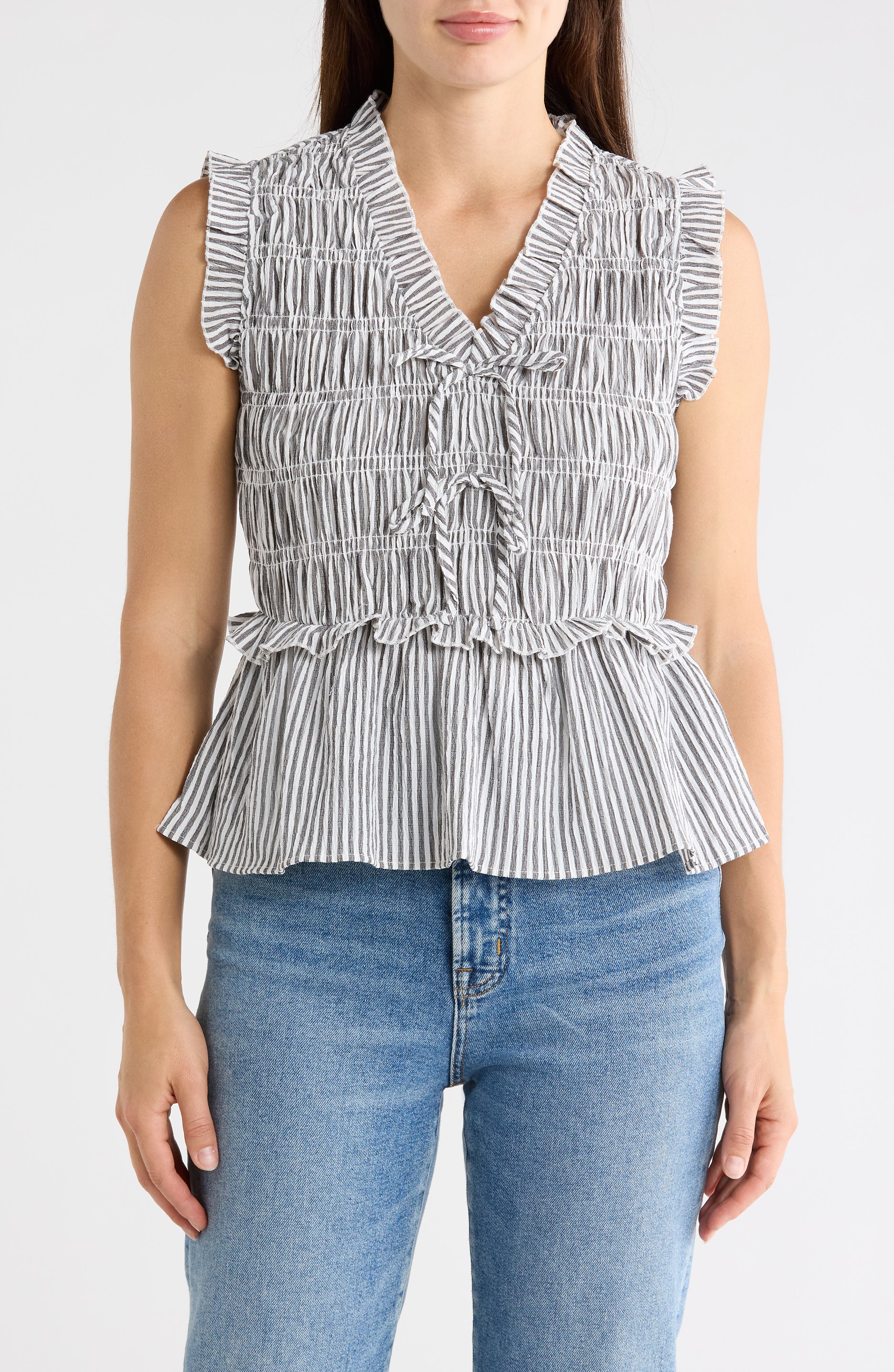 CHENAULT Stripe Smocked Peplum Seersucker Top