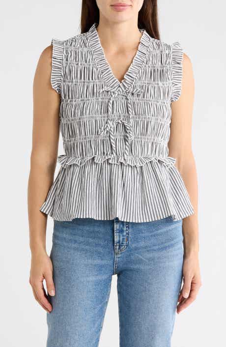 CHENAULT Stripe Smocked Peplum Seersucker Top