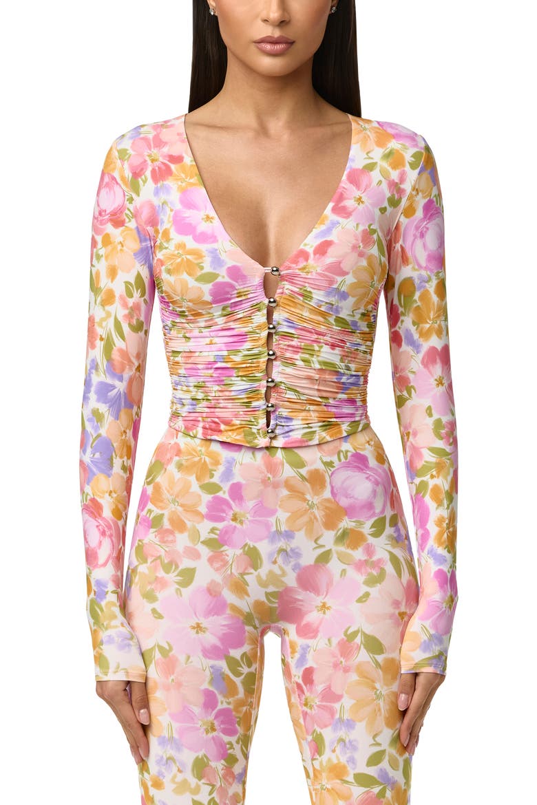 Print Front Button Stretch Top, Main, color, BLUSH BLOOM