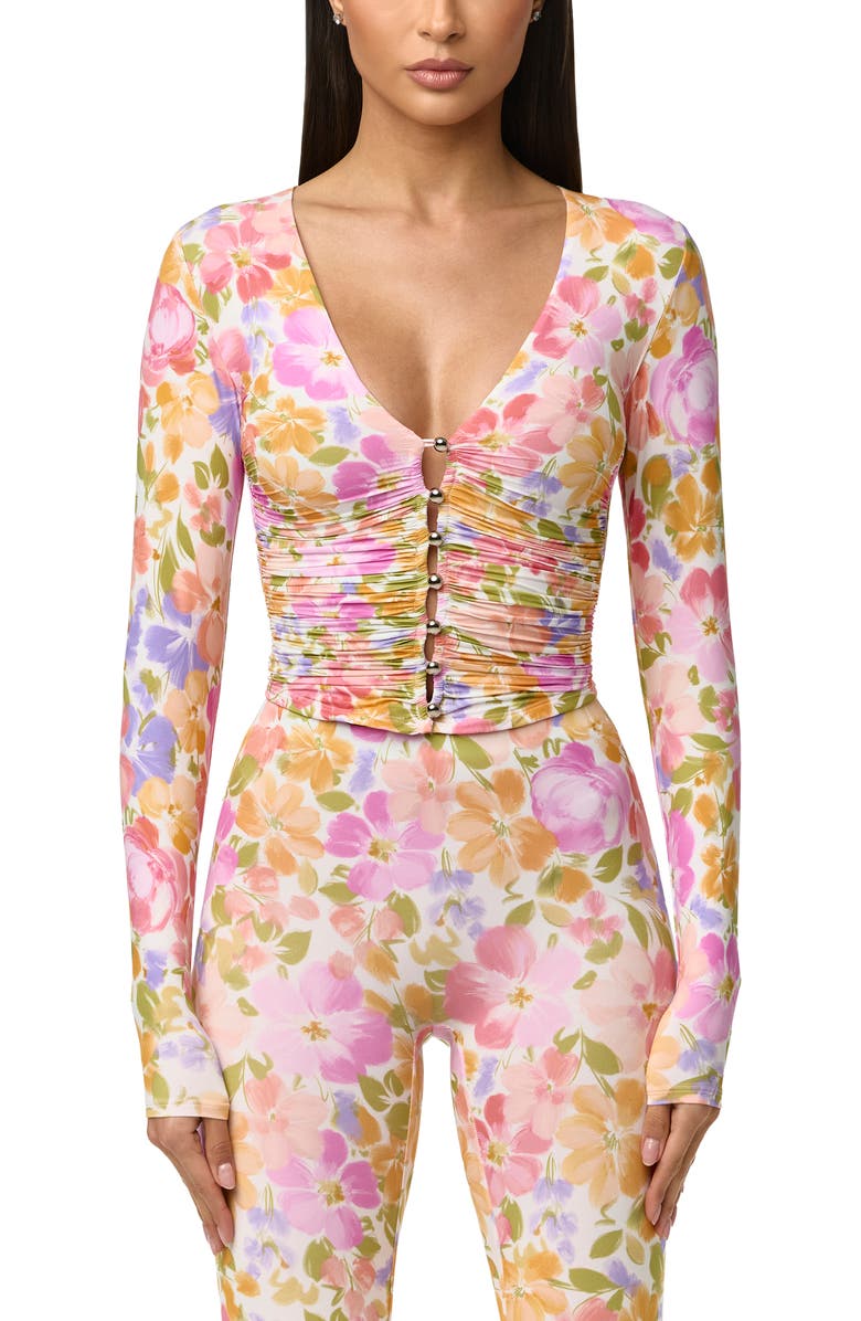 Naked Wardrobe Print Front Button Stretch Top, Main, color, Blush Bloom