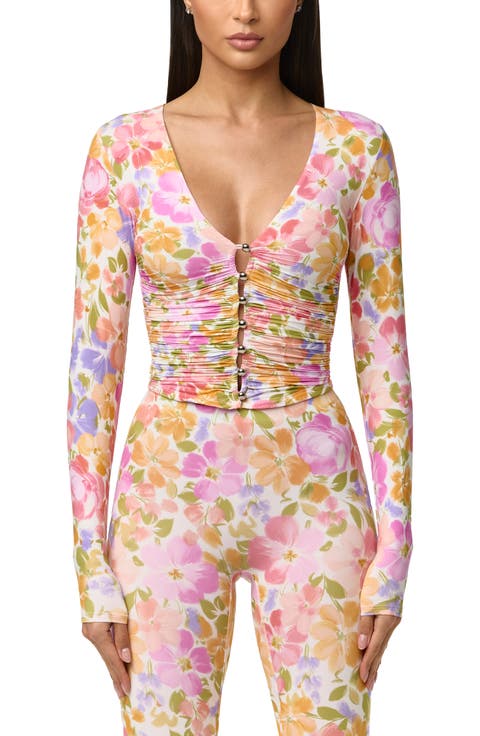 Print Front Button Stretch Top