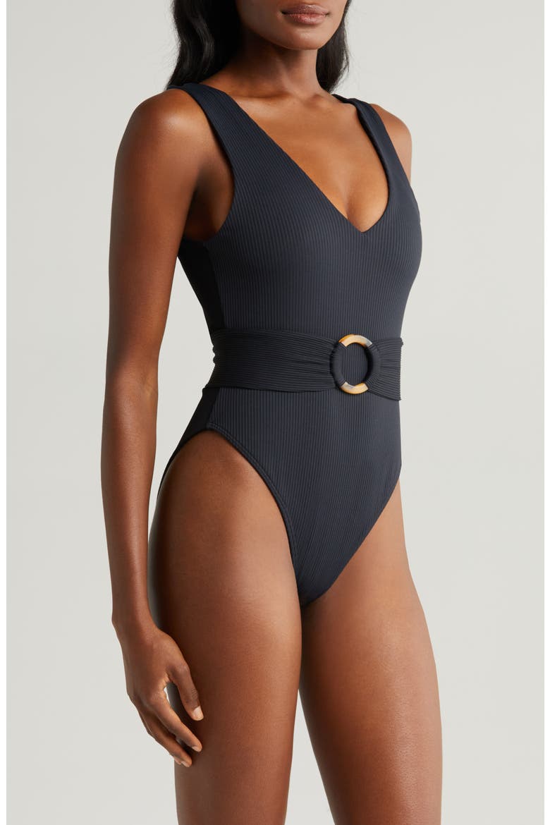 Kim Belted Rib One-Piece Swimsuit, Alternate, color, BLACK RIB