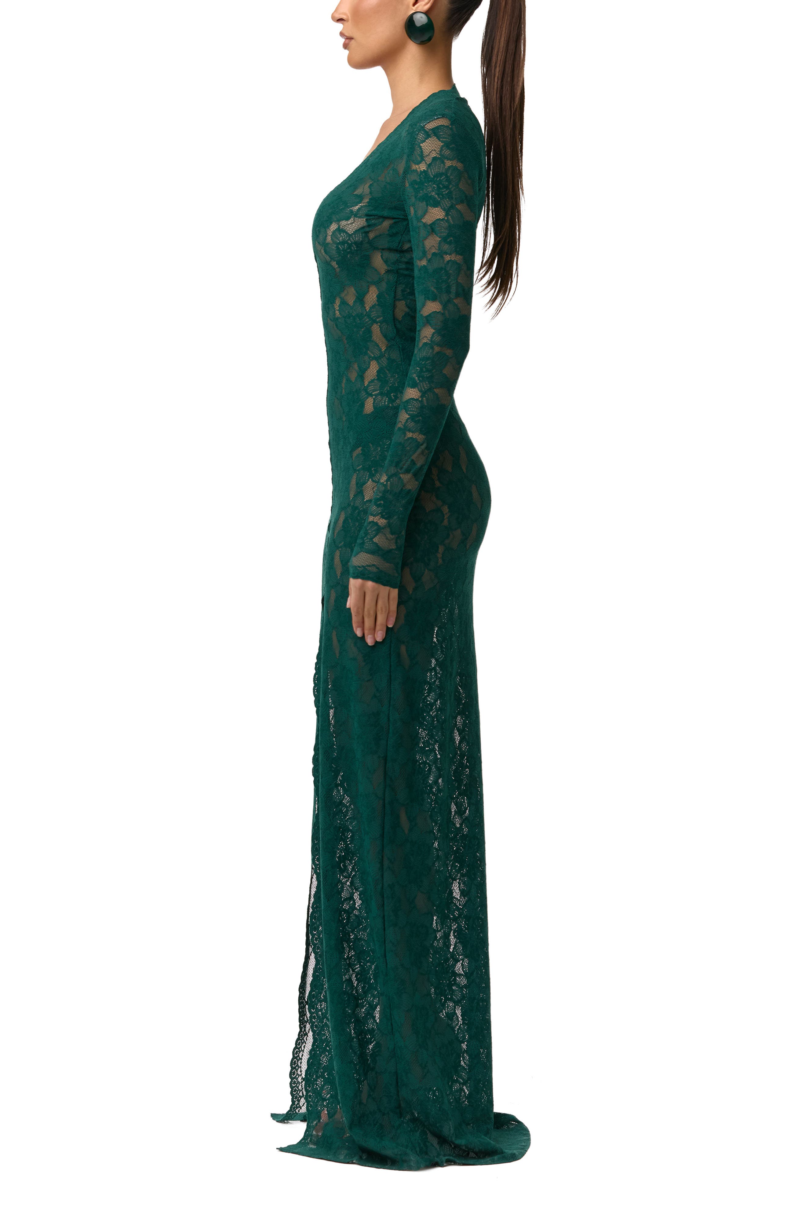 long green lace dress with sleeves Glitter-Lace Long Prom Dress with Long Sleeves Emerald / 12