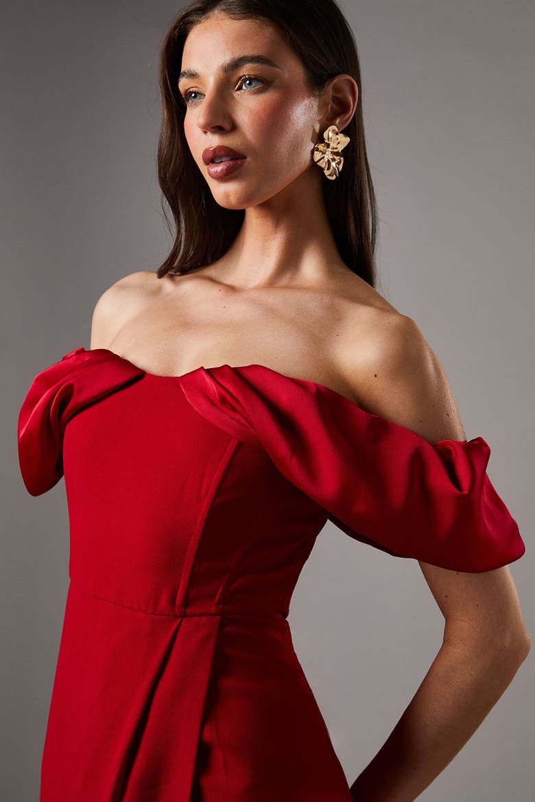 Volume Sleeve Corset Column Maxi Dress, Alternate, color, Red