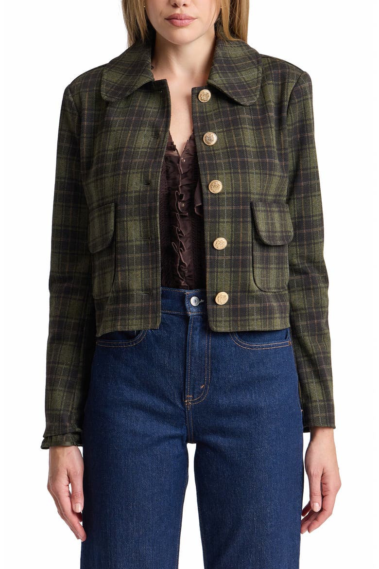 Plaid Cropped Jacket, Alternate, color, GREEN PLAID