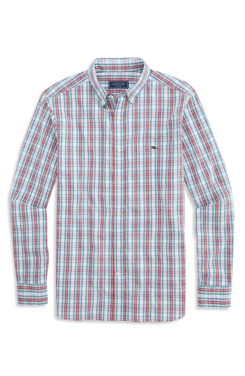 vineyard vines Wavecrest Plaid Stretch Cotton Poplin Button-Down Shirt, Main, color, Aqua/ Red/ White Cap