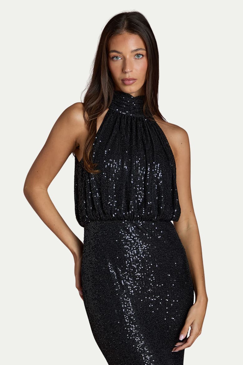 Halterneck Sequin Bridesmaid Maxi Dress, Alternate, color, Black
