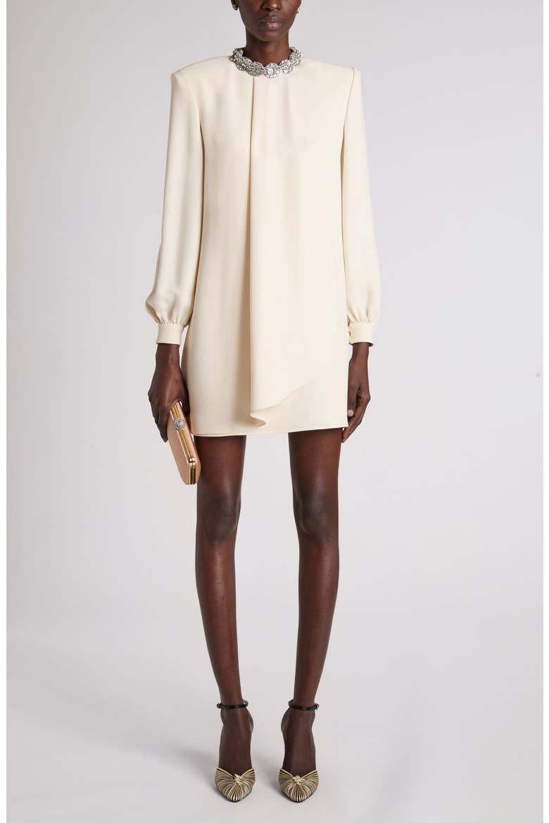 Rhinestone Embellished Long Sleeve Silk Cady Minidress, Alternate, color, VANILLA