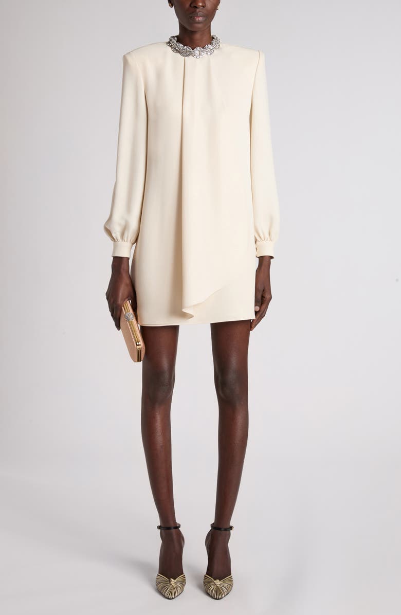Valentino Garavani Rhinestone Embellished Long Sleeve Silk Cady Minidress, Alternate, color, Vanilla