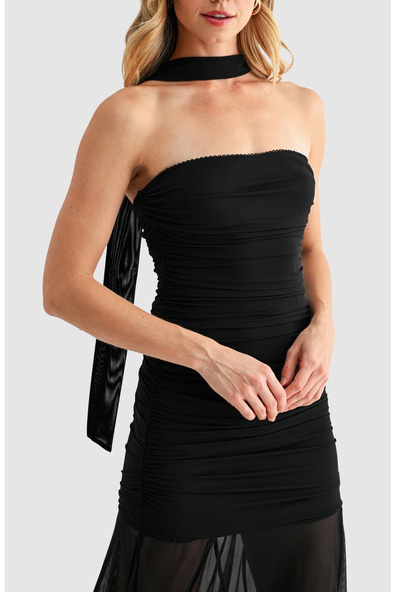 Ruched Drop Waist Midi Dress with Scarf, Alternate, color, BLACK