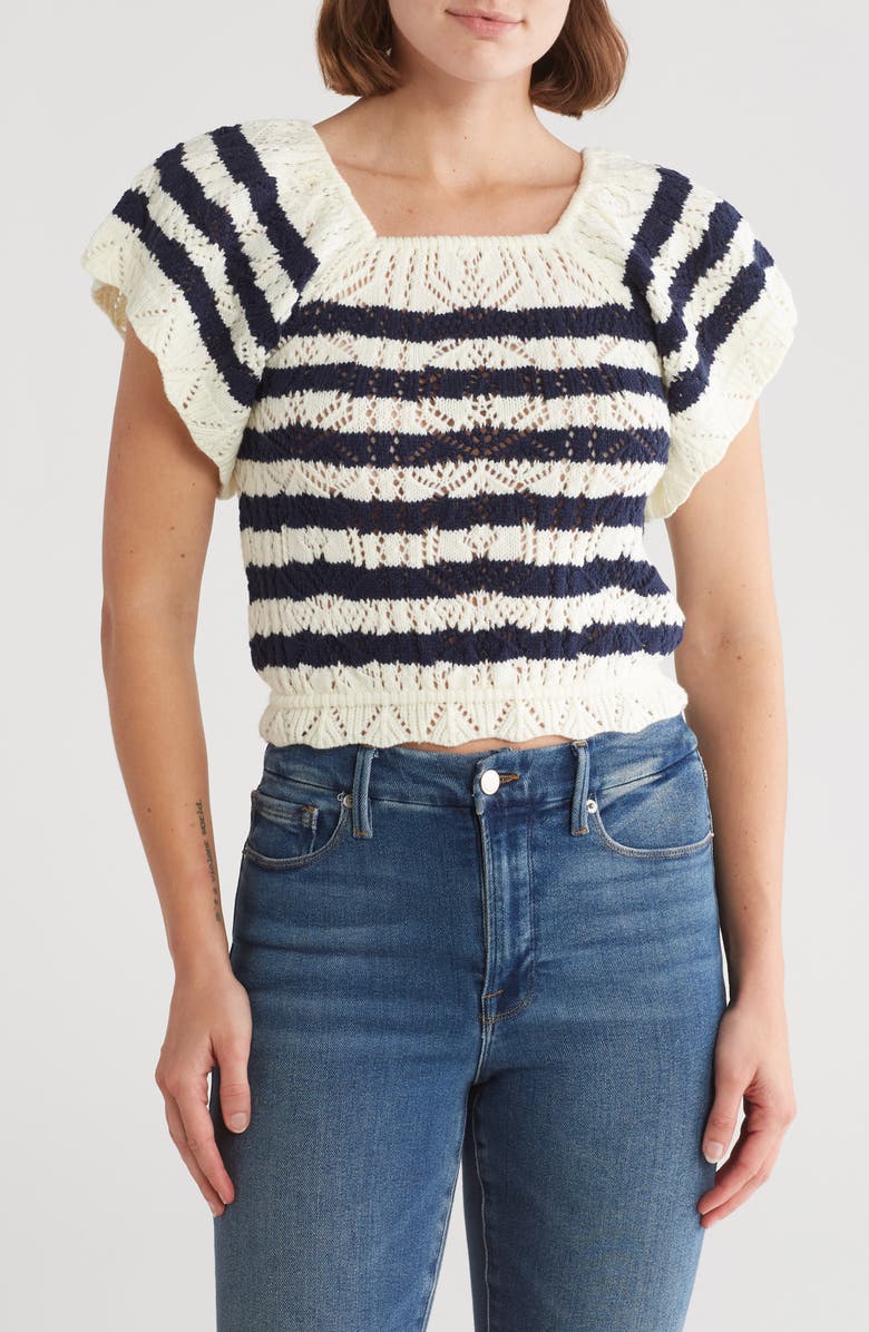 BY DESIGN Lala Stripe Open Stitch Off the Shoulder Sweater, Main, color, 