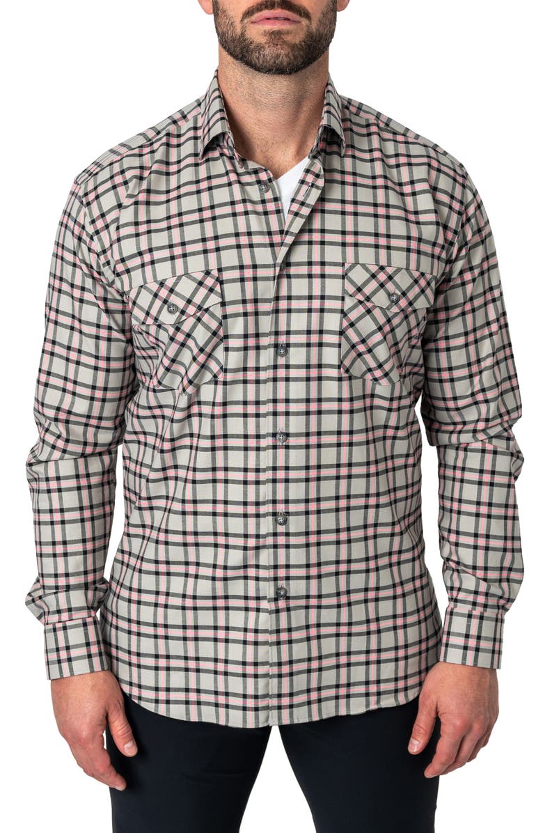 Maceoo Plaid Embroidered Cotton Flannel Button-Up Shirt, Main, color, Grey