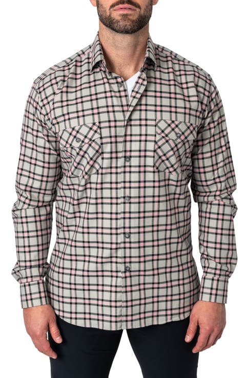 Plaid Embroidered Cotton Flannel Button-Up Shirt