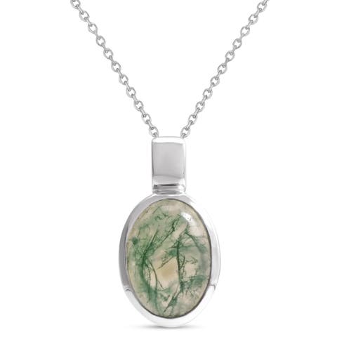 Oval Natural Cabochon Moss Agate Pendant Necklace 14K 0.72ct