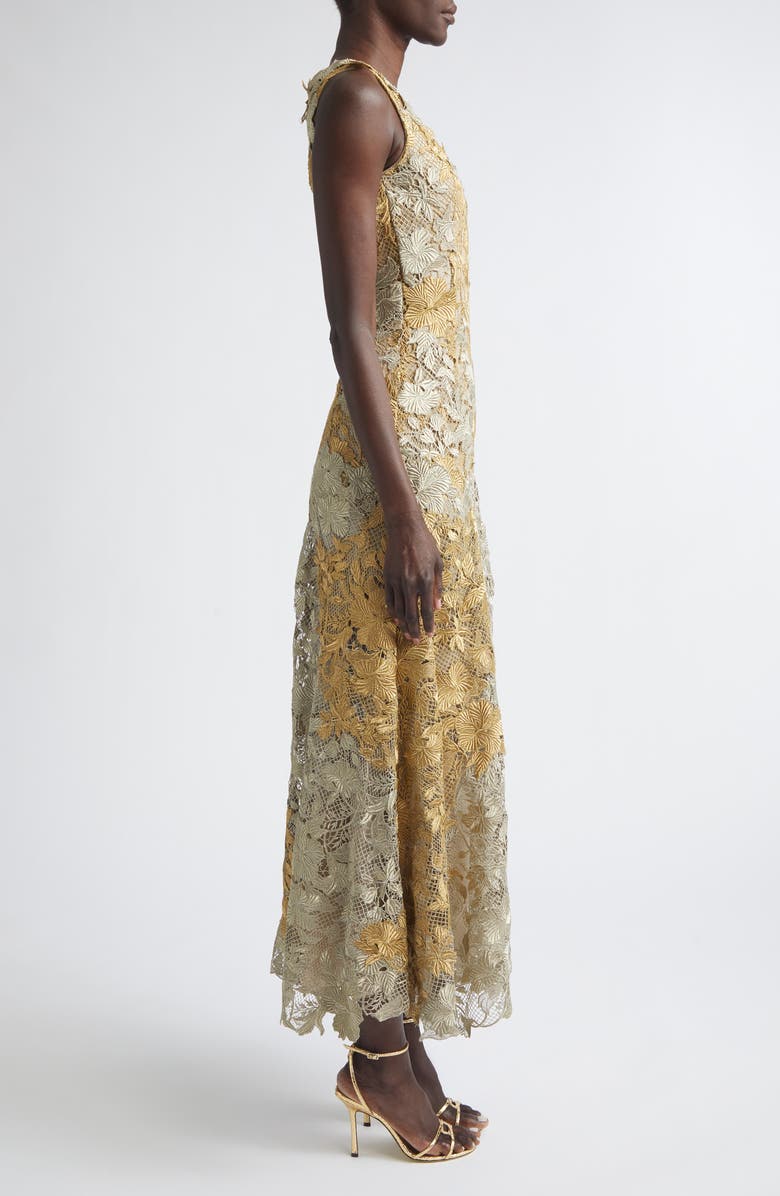 Oscar de la Renta Hibiscus Metallic Guipure Lace Midi Dress, Alternate, color, Gold/ White Gold