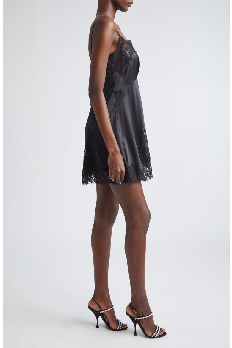 Lace Trim Stretch Satin Minidress, Alternate, color, NERO