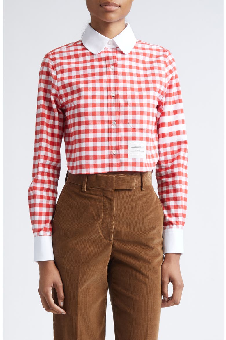 4-Bar Gingham Check Flannel Crop Button-Up Shirt, Main, color, RED