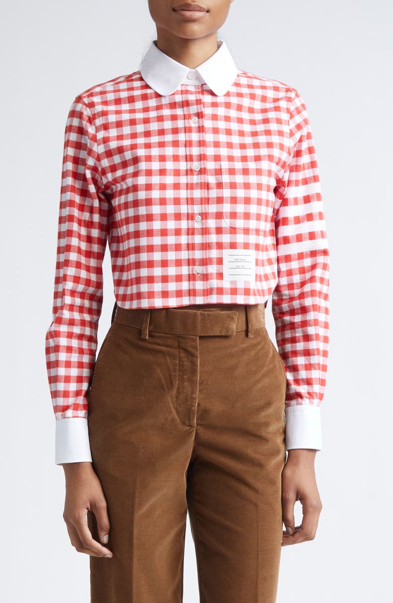 Thom Browne 4-Bar Gingham Check Flannel Crop Button-Up Shirt, Main, color, Red