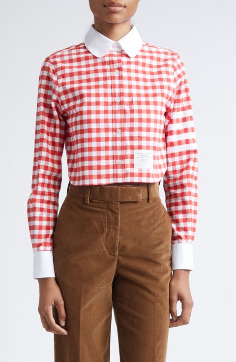 4-Bar Gingham Check Flannel Crop Button-Up Shirt