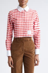 Thom Browne 4-Bar Gingham Check Flannel Crop Button-Up Shirt