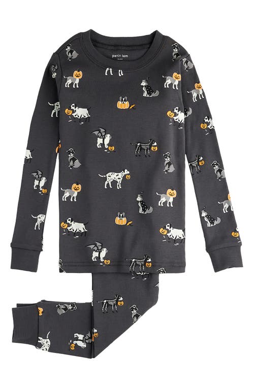 Petit Lem Kids' Howl-oween Glow in the Dark Organic Cotton Fitted Two-Piece Pajamas in Grey Dark 