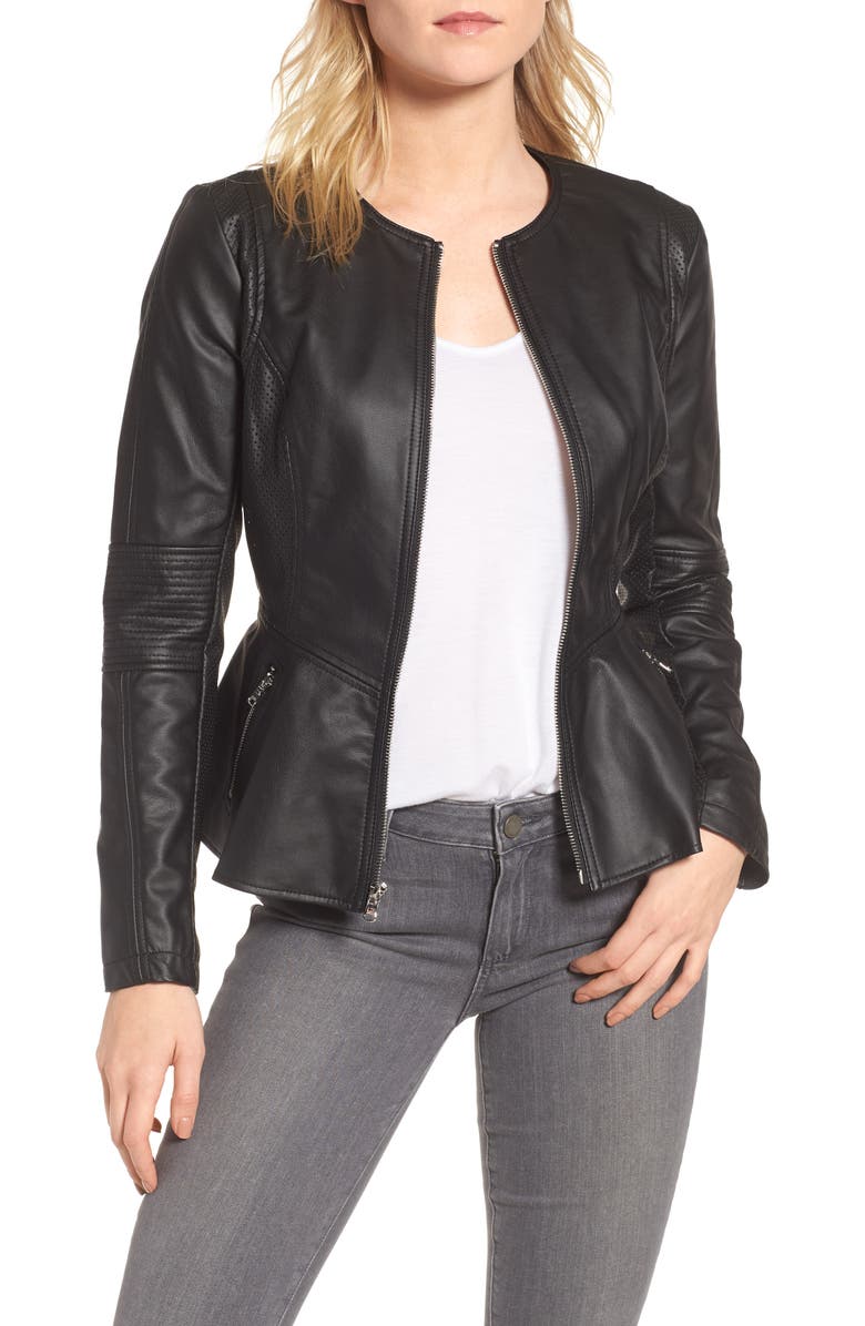 GUESS Perforated Peplum Hem Faux Leather Jacket, Main, color,