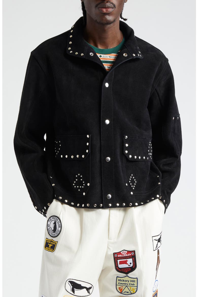 Deck of Cards Studded Suede Jacket, Main, color, BLACK