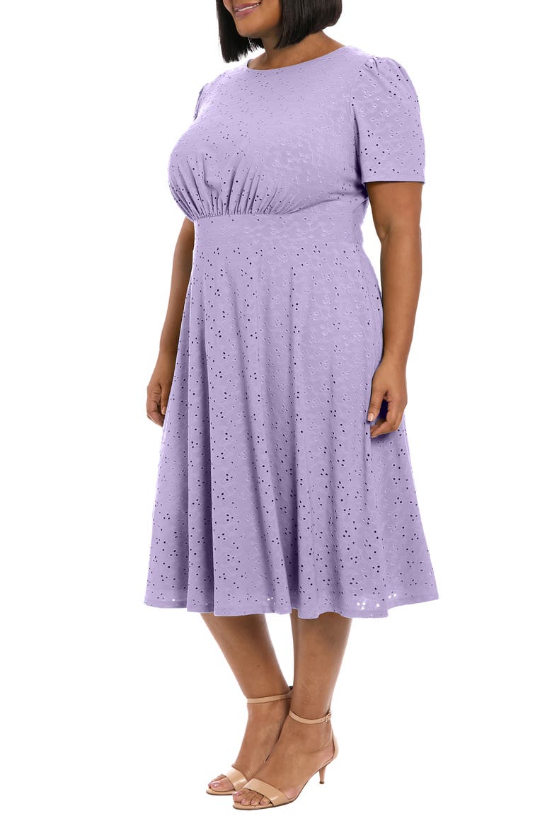 Eyelet Short Sleeve Empire Waist Midi Dress, Alternate, color, VIOLET TULIP