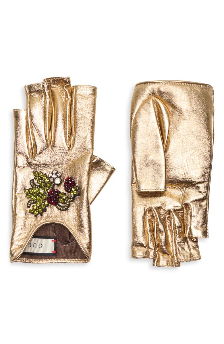 Gucci Metallic Leather Fingerless Gloves, Alternate, color, Gold