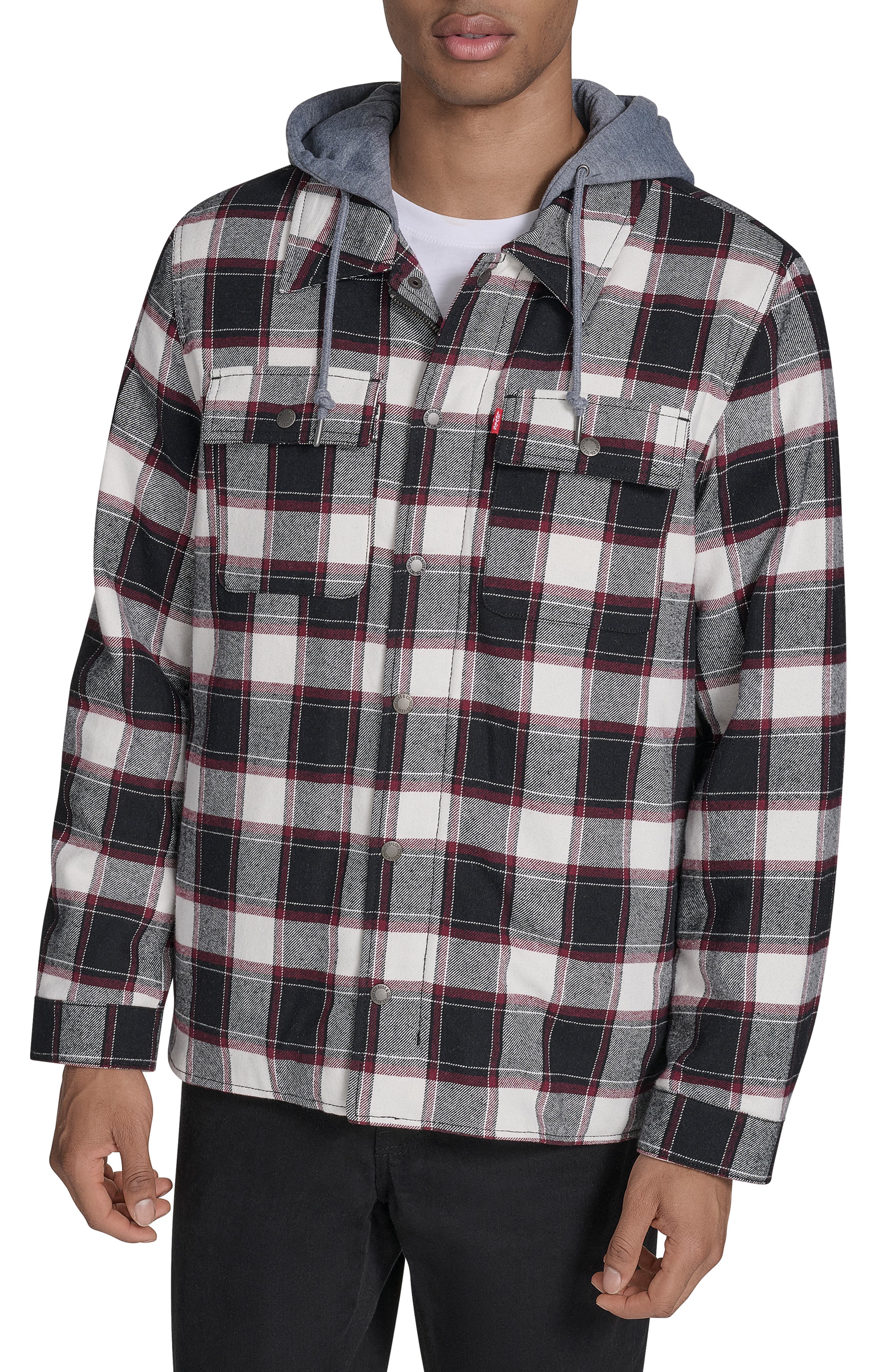 Levi&#39;s Plaid Faux Shearling Lined Jersey Hood Shirt Jacket