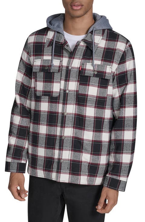 Plaid Faux Shearling Lined Jersey Hood Shirt Jacket