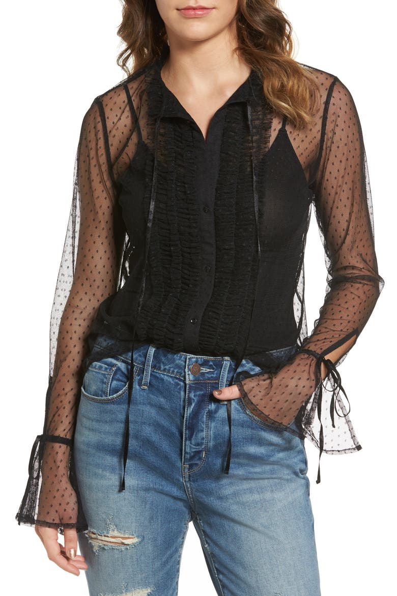 Ruffle Mesh Blouse, Main, color, BLACK