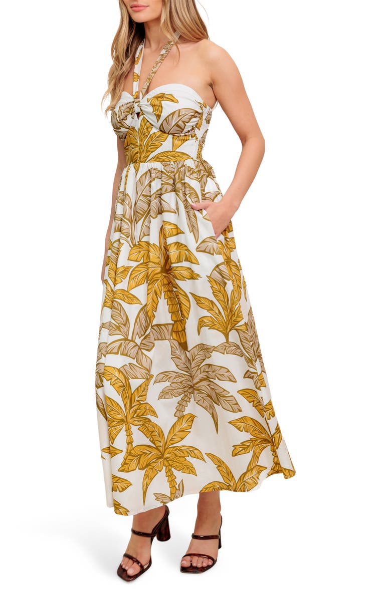 Palm Tree Halter Neck Cotton Maxi Dress