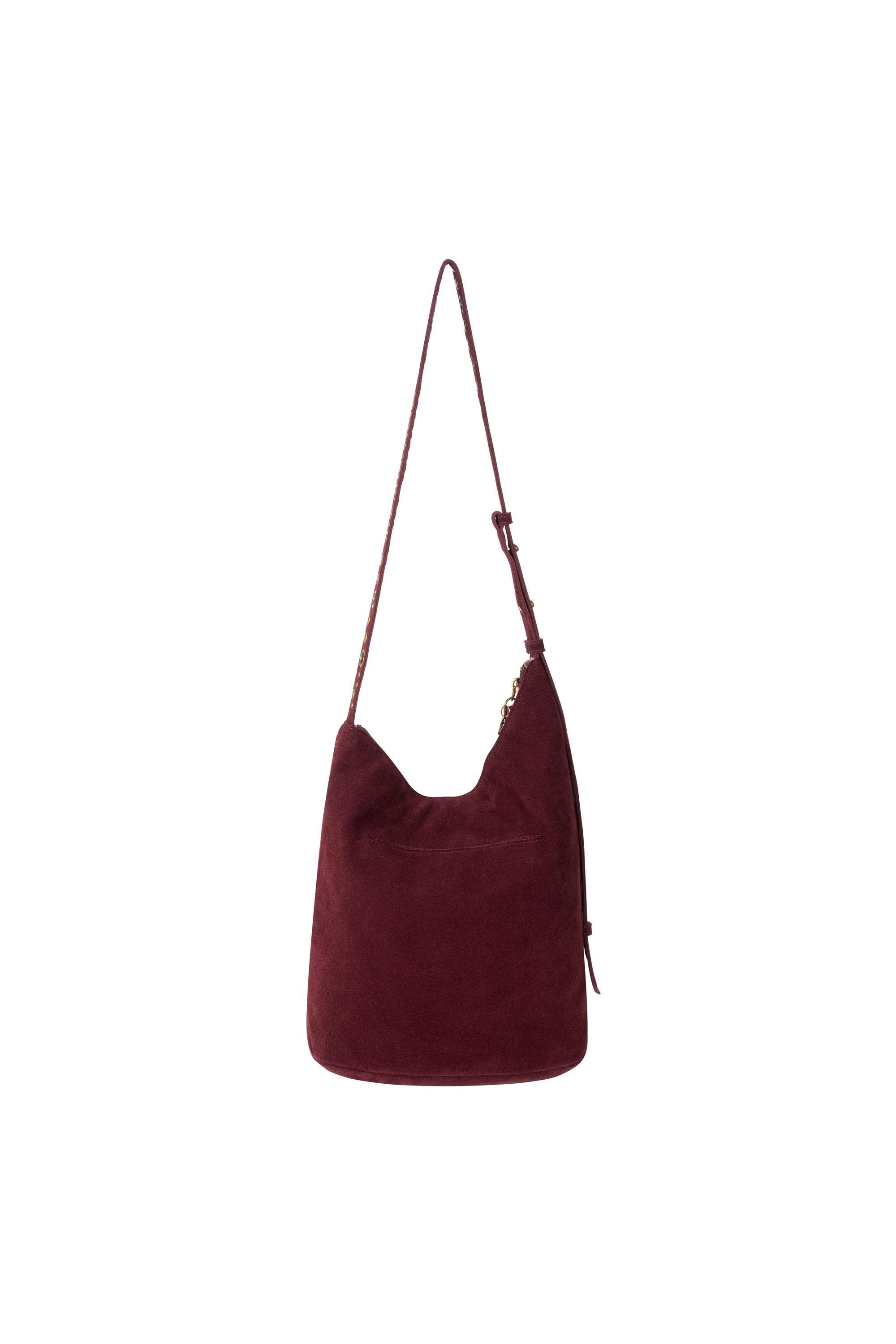 Tess Asymetrical Leather Bucket, Alternate, color, Black Cherry Suede Belt