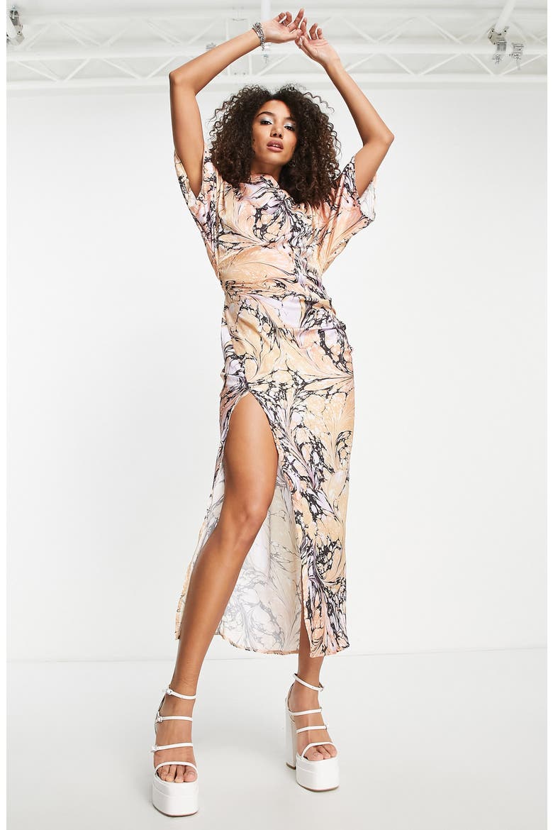 Print Dolman Sleeve Side Vent Midi Dress, Alternate, color, BEIGE