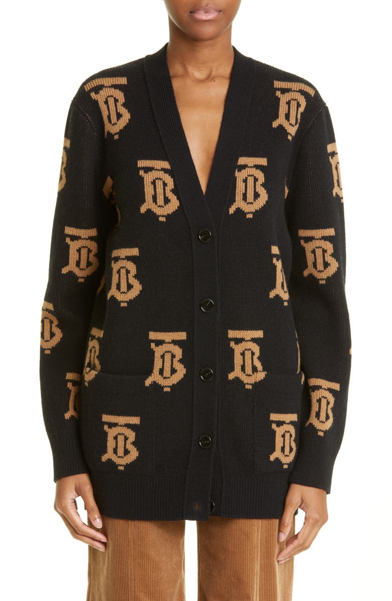 Burberry Nadine TB Monogram Wool Cardigan, Main, color, 