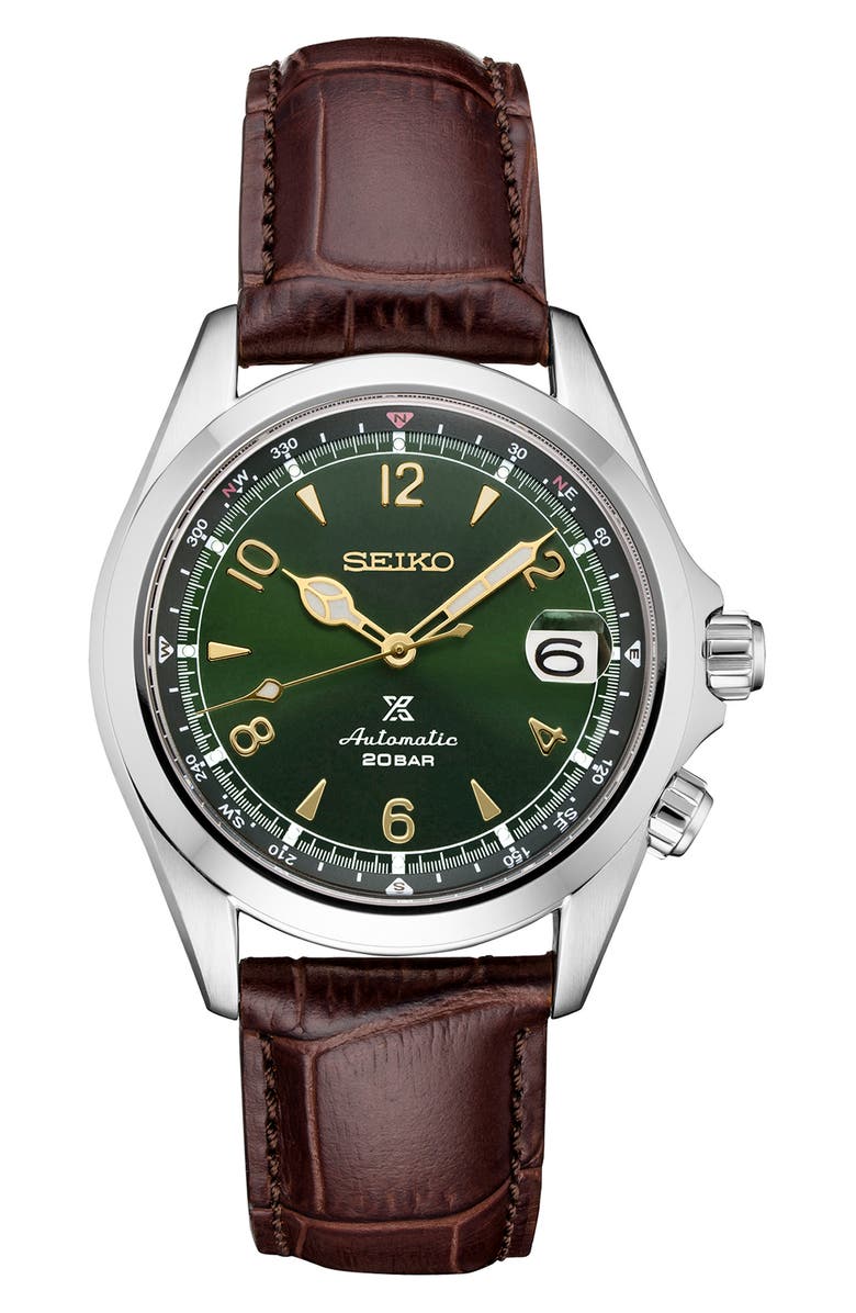 SEIKO WATCHES Prospex Land Luxe Alpinist Automatic Croc Embossed Leather Strap Watch, 39.5mm, Main, color, 