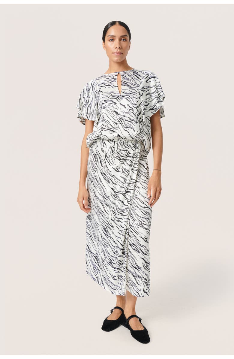 Soaked in Luxury Vinka Ruffle Sleeve Round Neck Blouse, Alternate, color, White/Black Wave Print