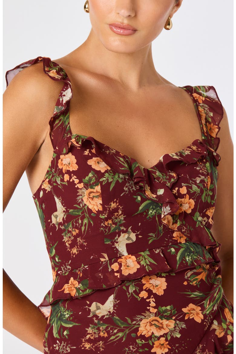 Aleah Floral Ruffle Maxidress, Alternate, color, WINE FLORAL