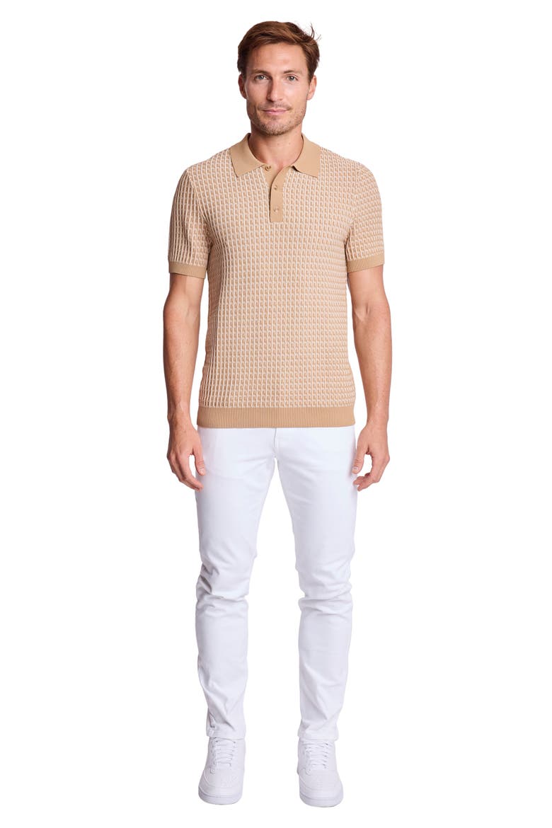 Trim Fit Geometric Knit Polo, Alternate, color, TAN & WHITE