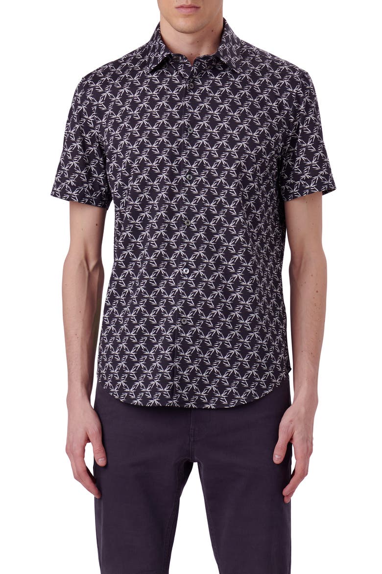OoohCotton® Miles Leaf Print Short Sleeve Button-Up Shirt, Main, color, BLACK